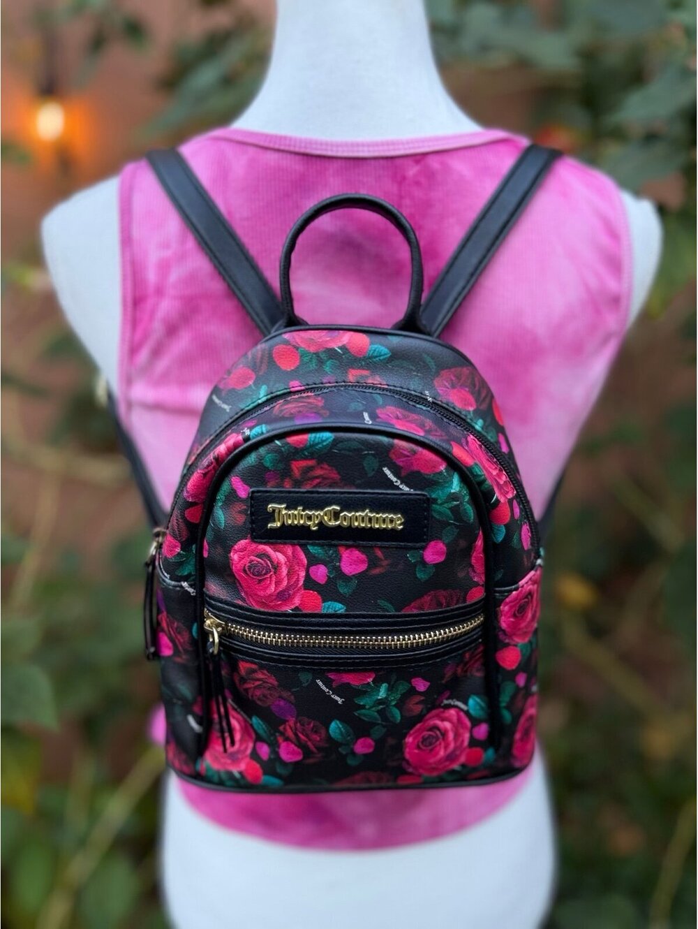 Juicy Couture Pink Red & Black Rose Print Mini Backpack